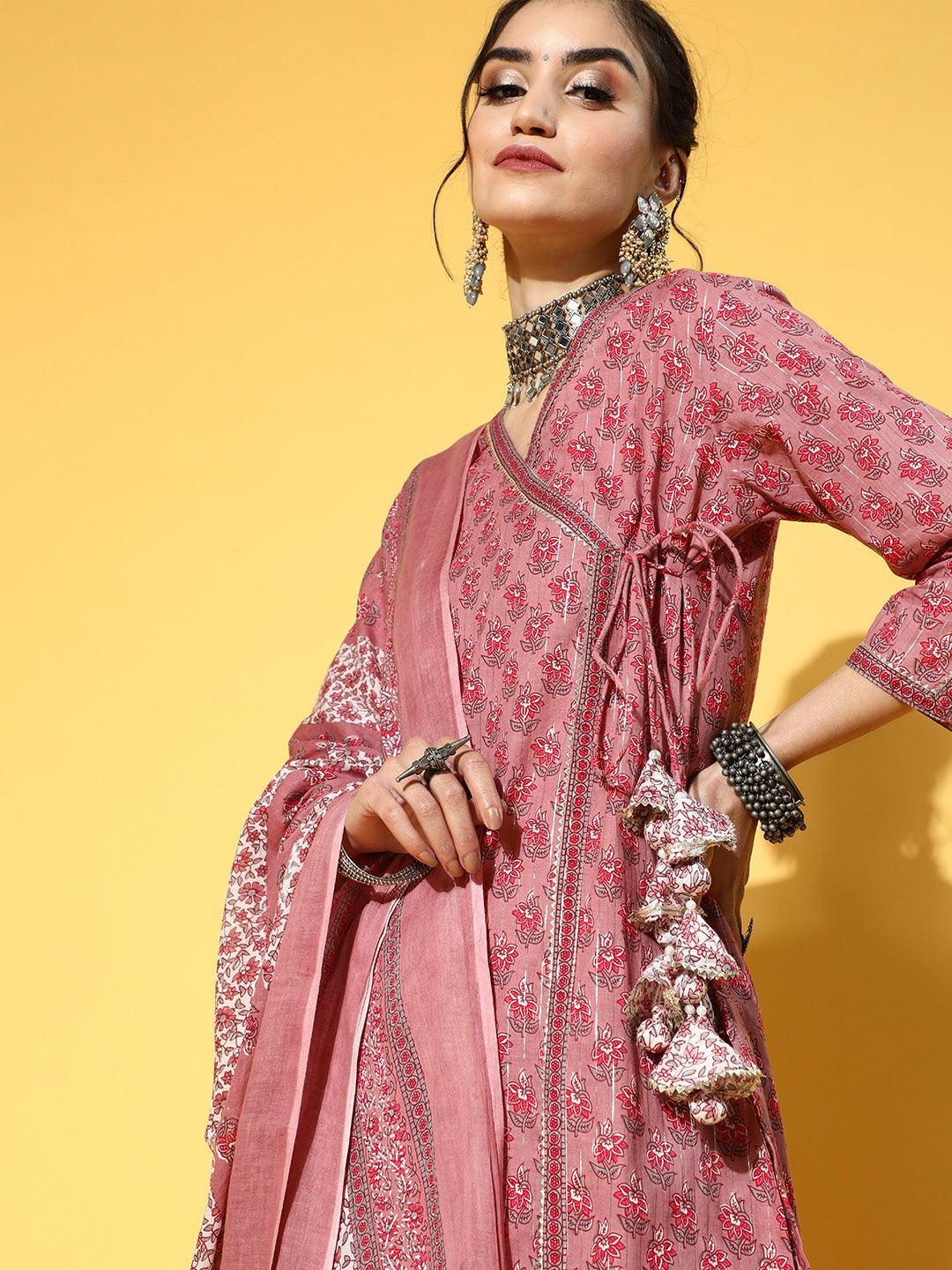 mauve-ethnic-printed-dupatta-set-10103120PR, Women Indian Ethnic Clothing, Cotton Kurta Set Dupatta