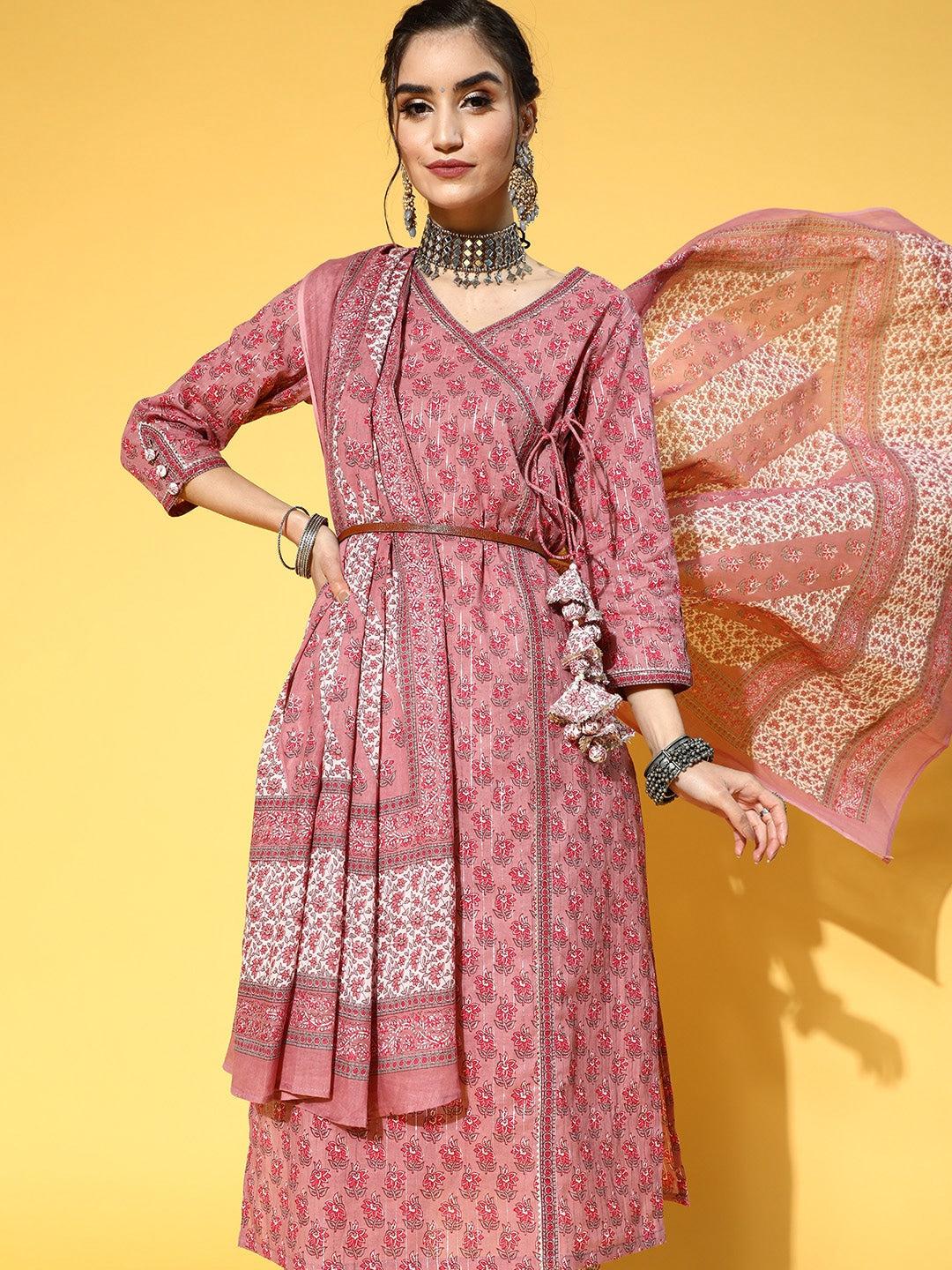 mauve-ethnic-printed-dupatta-set-10103120PR, Women Indian Ethnic Clothing, Cotton Kurta Set Dupatta