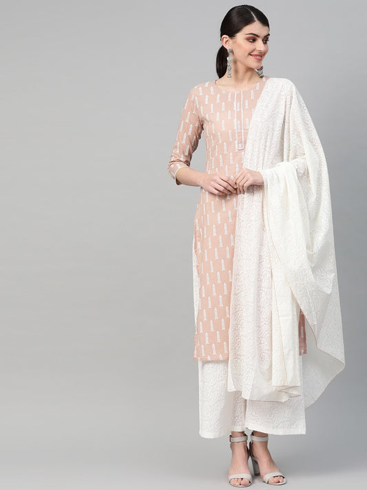 mauve-white-printed-kurta-dupatta-set-10103005PK, Women Indian Ethnic Clothing, Cotton Kurta Set Dupatta