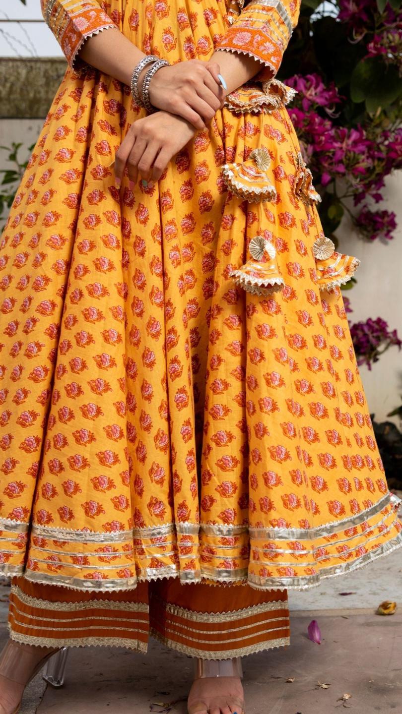 mehar-light-brown-hand-block-anarkali-set-11403162BR, Women Indian Ethnic Clothing, Cotton Kurta Set Dupatta