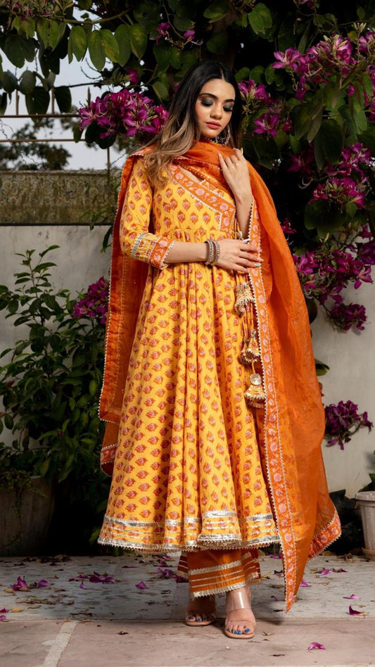 mehar-light-brown-hand-block-anarkali-set-11403162BR, Women Indian Ethnic Clothing, Cotton Kurta Set Dupatta