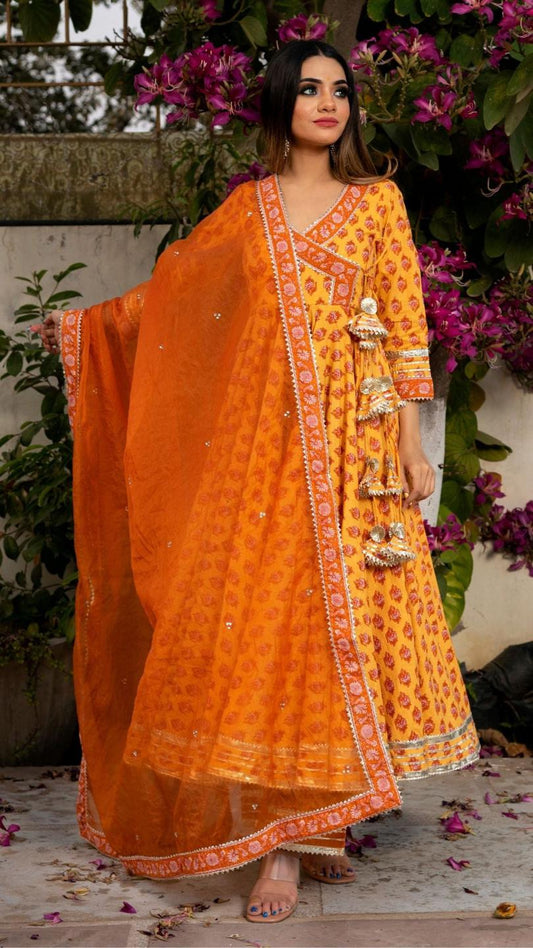 mehar-light-brown-hand-block-anarkali-set-11403162BR, Women Indian Ethnic Clothing, Cotton Kurta Set Dupatta