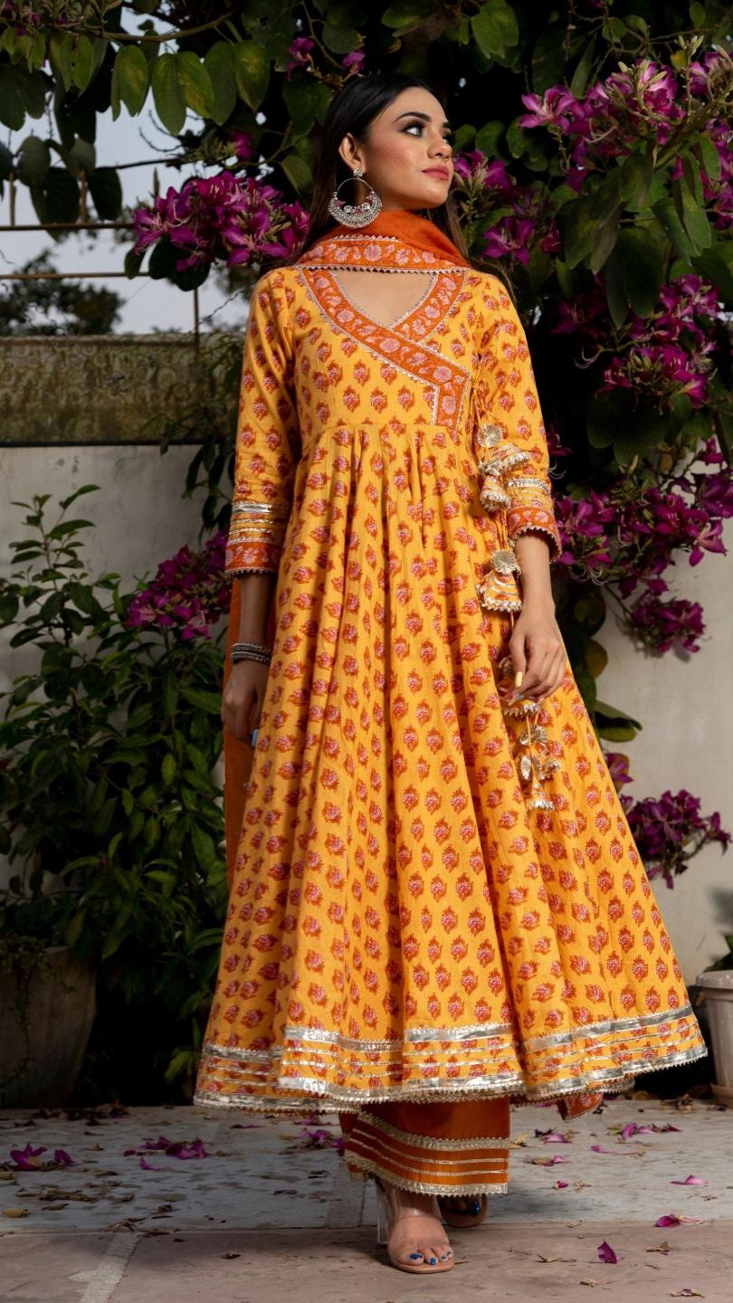 mehar-light-brown-hand-block-anarkali-set-11403162BR, Women Indian Ethnic Clothing, Cotton Kurta Set Dupatta