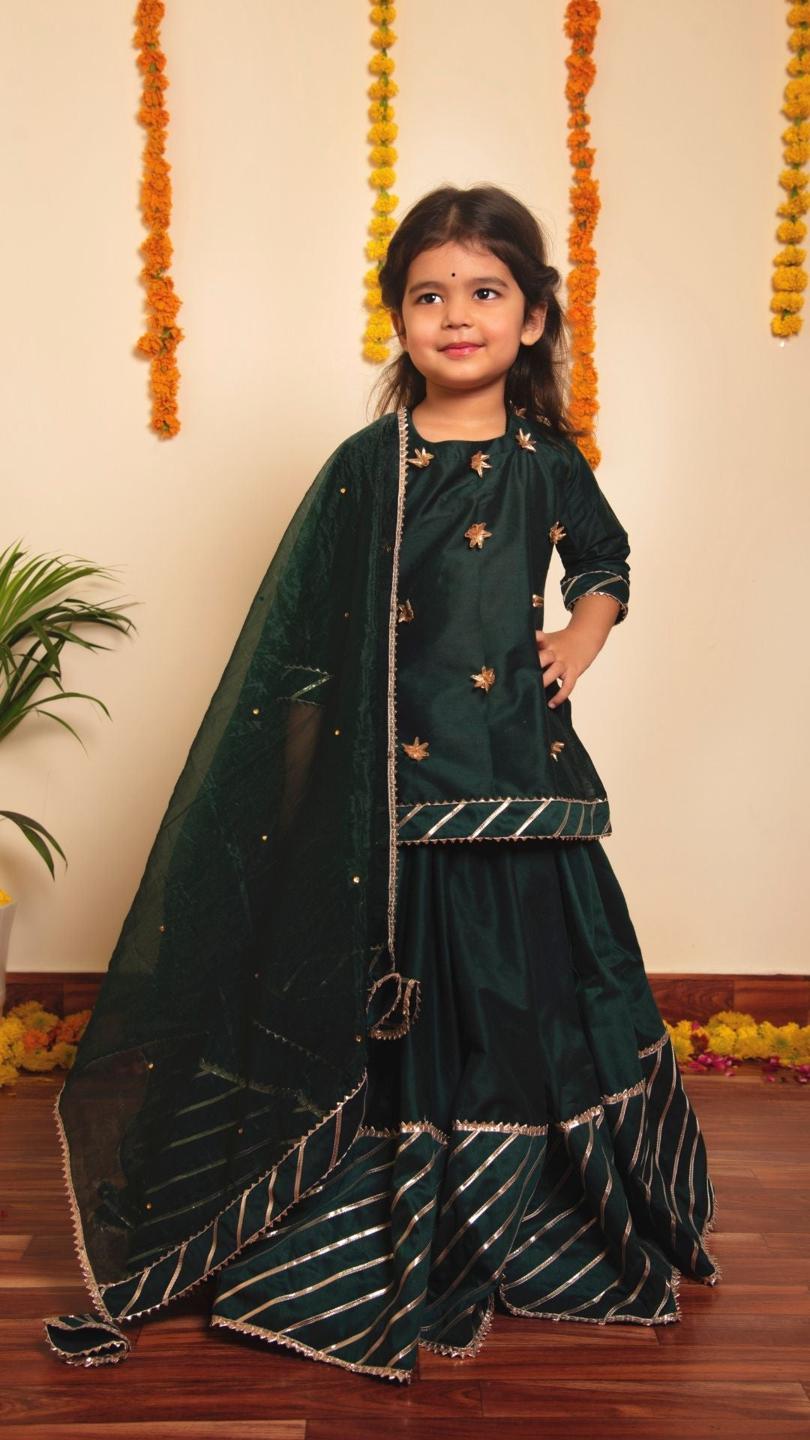 mimosa-green-lehenga-set-11409018GR, Kids Indian Ethnic Clothing, Cotton Silk Girl Lehenga Set