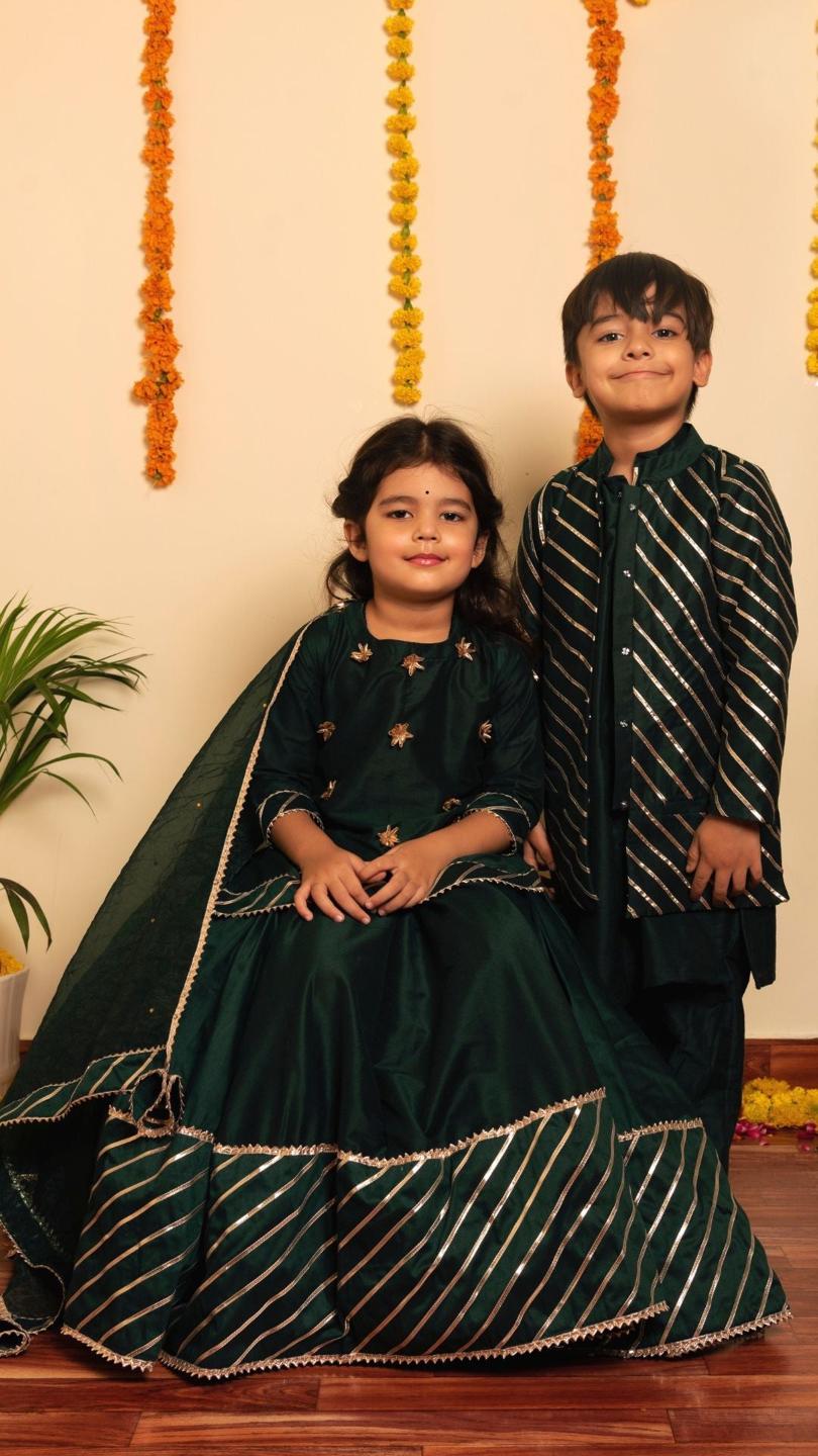 mimosa-green-lehenga-set-11409018GR, Kids Indian Ethnic Clothing, Cotton Silk Girl Lehenga Set