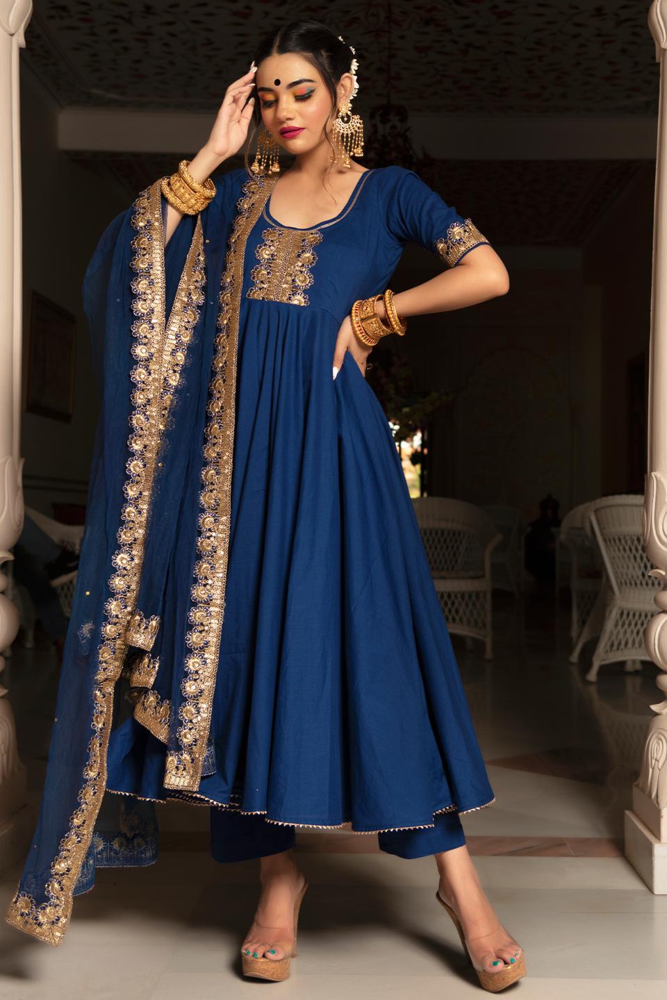 minakari-blue-anarkali-set-11403147BL, Women Indian Ethnic Clothing, Cotton Kurta Set Dupatta