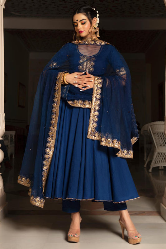 minakari-blue-anarkali-set-11403147BL, Women Indian Ethnic Clothing, Cotton Kurta Set Dupatta