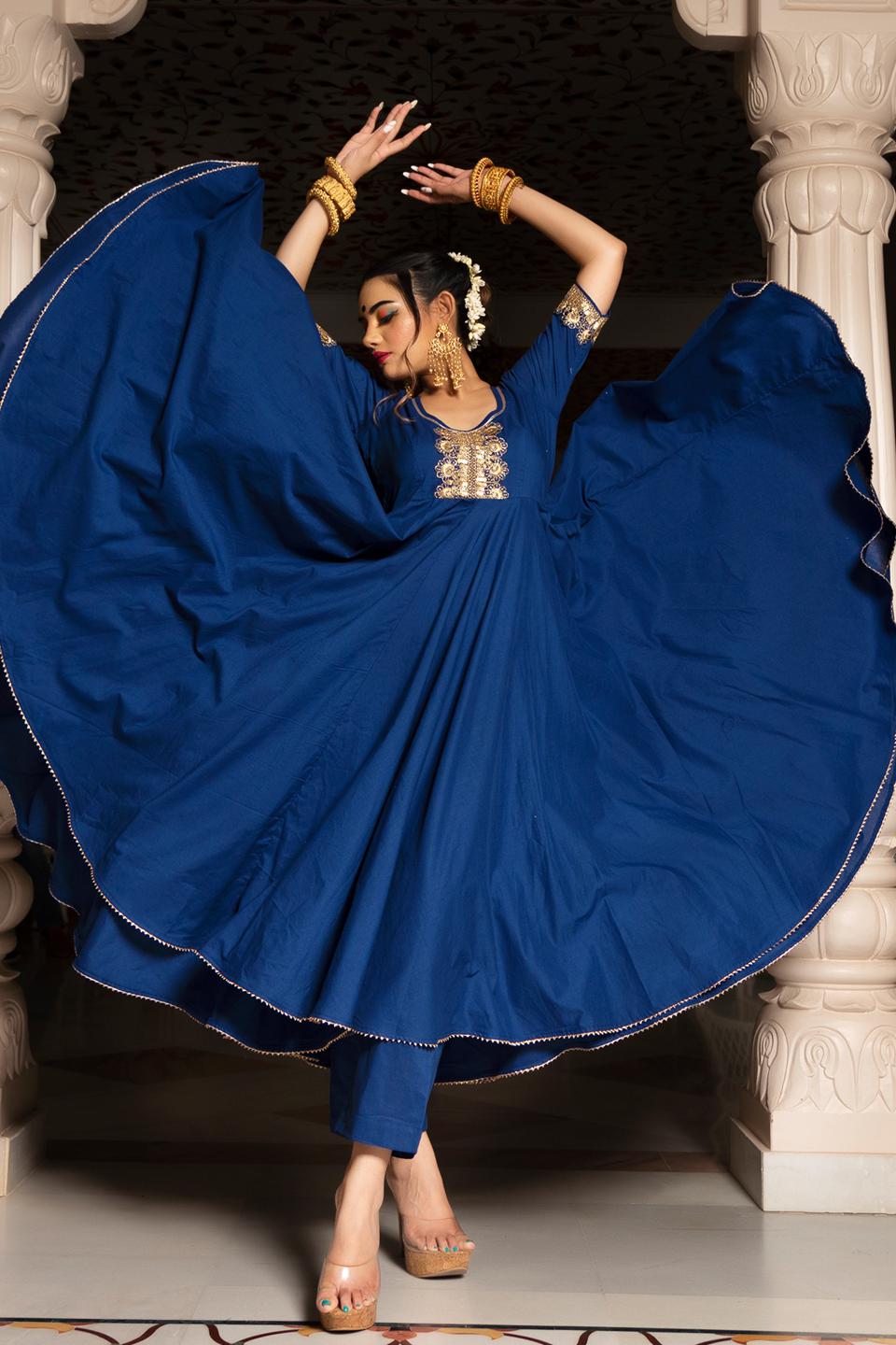 minakari-blue-anarkali-set-11403147BL, Women Indian Ethnic Clothing, Cotton Kurta Set Dupatta