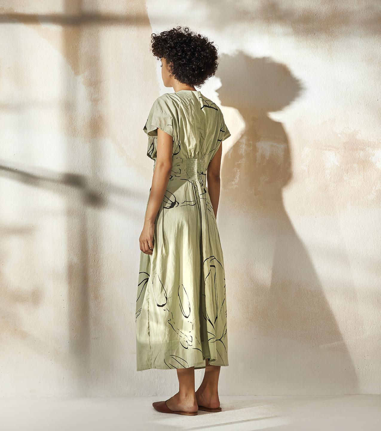 mint-green-printed-waist-fitted-mulmul-dress-11904095GR, Women Clothing, Mulmul Dress