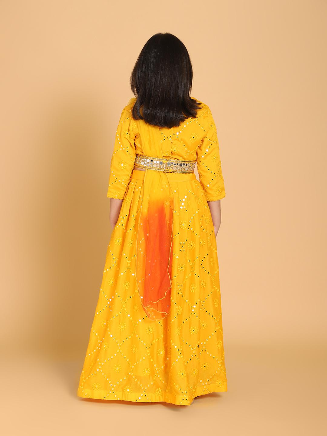 mirrorwork-lehenga-choli-with-belt-attached-dupatta-set-10509084YL, Kids Indian Ethnic Clothing, Silk Girl Lehenga Set