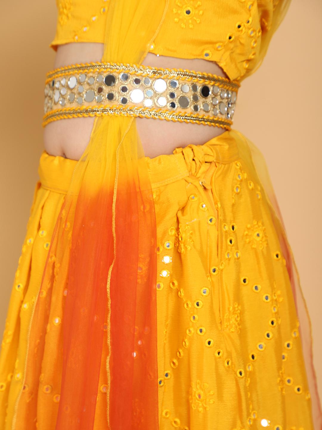 mirrorwork-lehenga-choli-with-belt-attached-dupatta-set-10509084YL, Kids Indian Ethnic Clothing, Silk Girl Lehenga Set