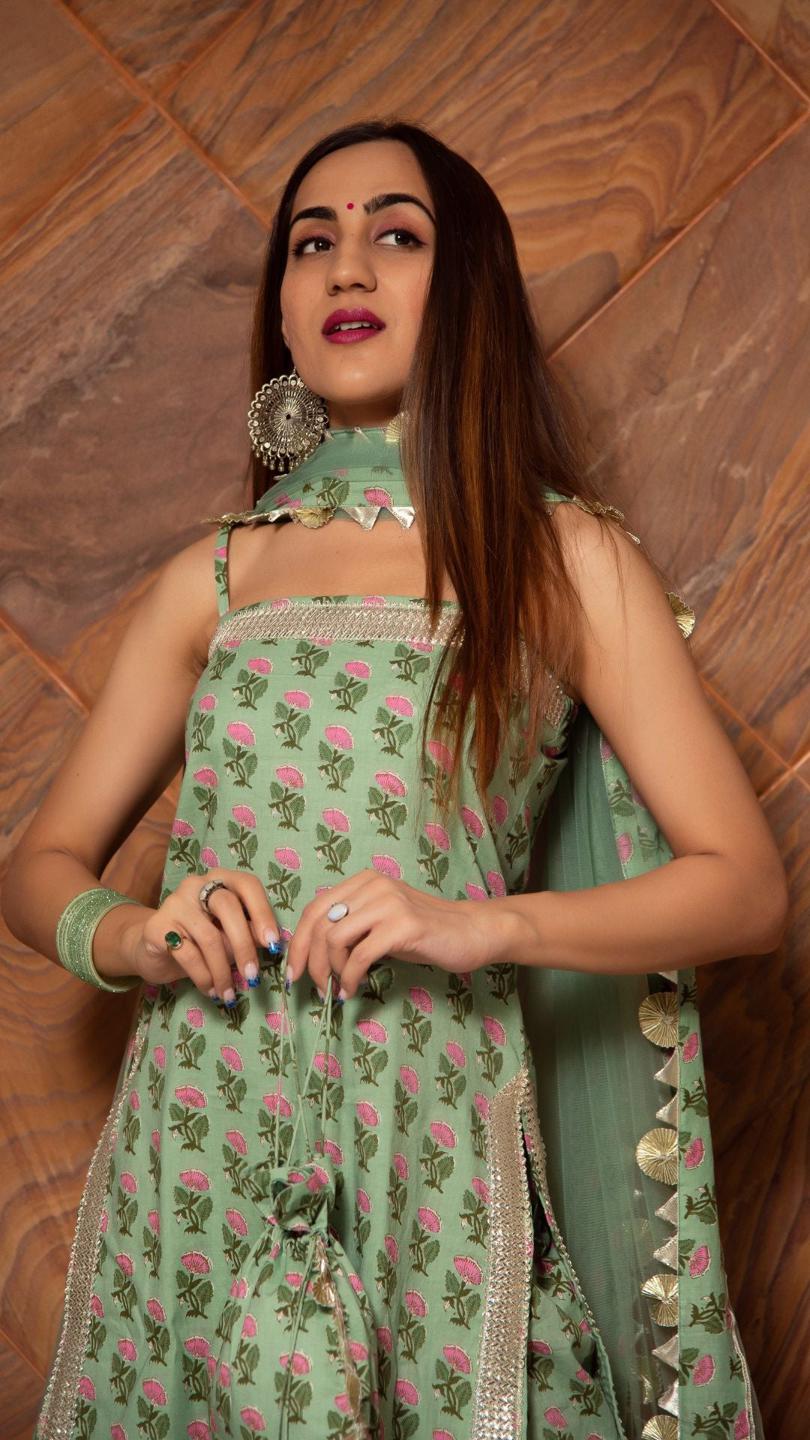 mishika-green-hand-block-suit-set-11403174GR, Women Indian Ethnic Clothing, Cotton Kurta Set Dupatta