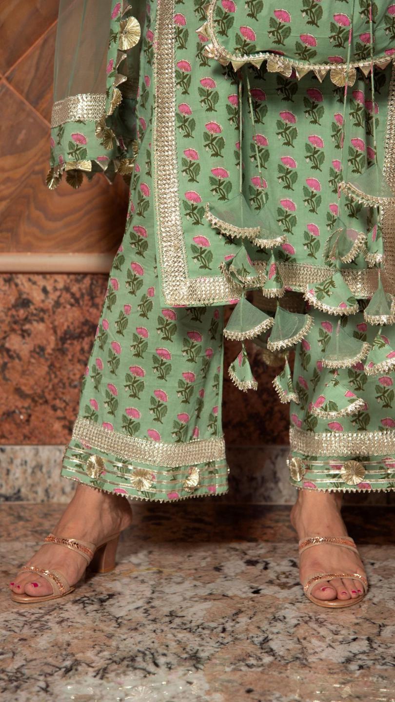 mishika-green-hand-block-suit-set-11403174GR, Women Indian Ethnic Clothing, Cotton Kurta Set Dupatta