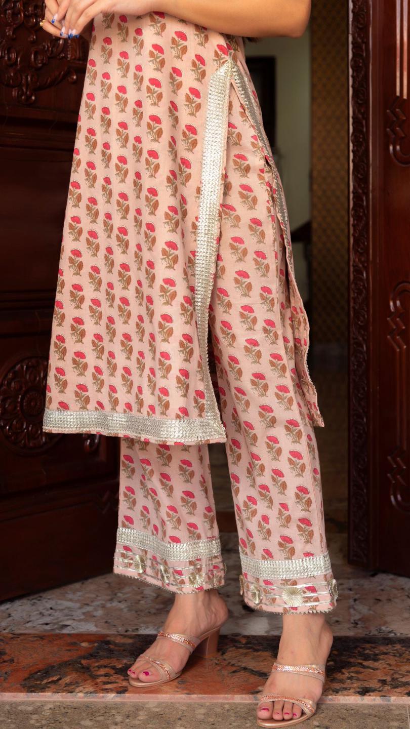 mishika-peach-hand-block-suit-set-11403175PC, Women Indian Ethnic Clothing, Cotton Kurta Set Dupatta