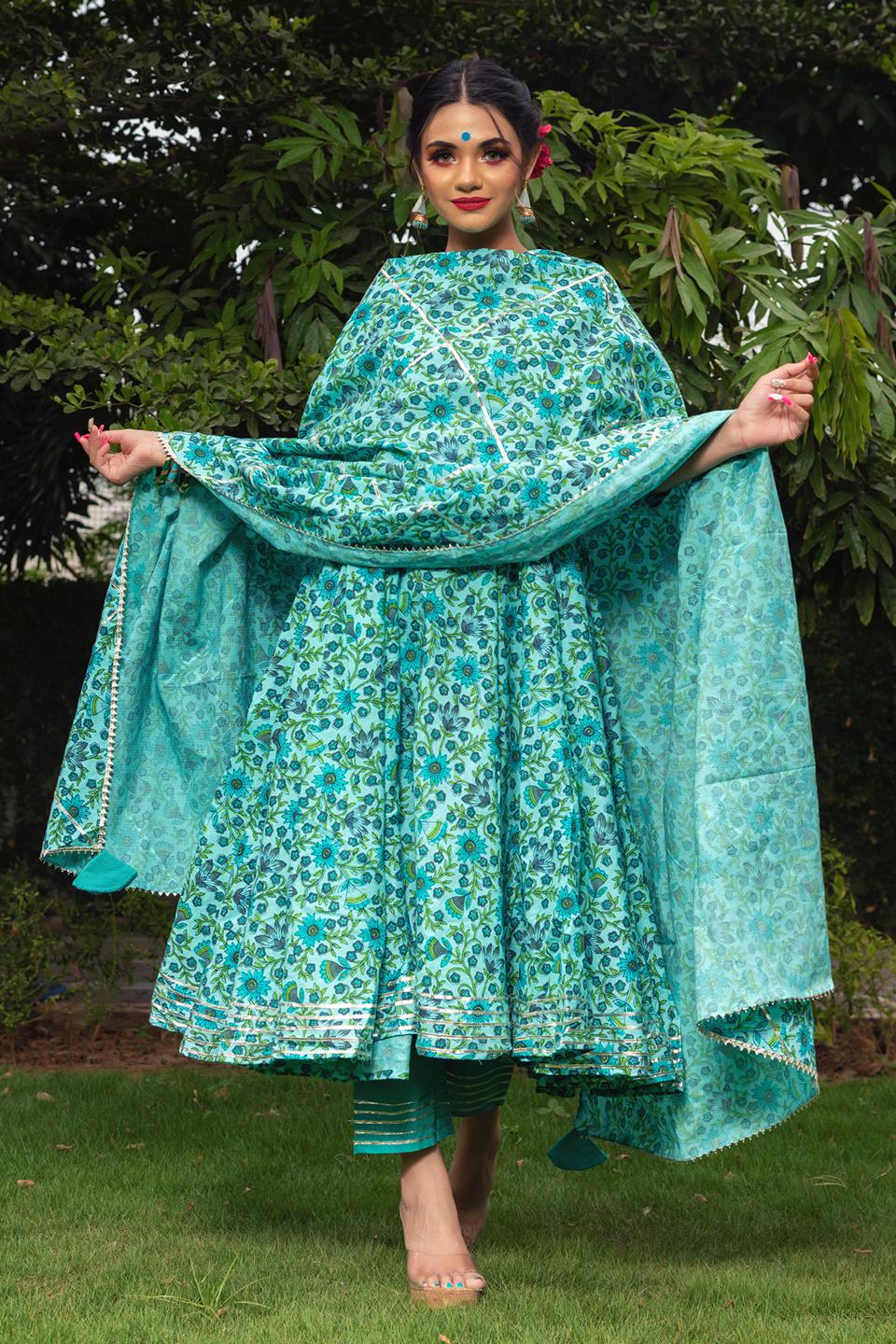 morni-hand-block-cotton-anarkali-set-11403151GR, Women Indian Ethnic Clothing, Cotton Kurta Set Dupatta
