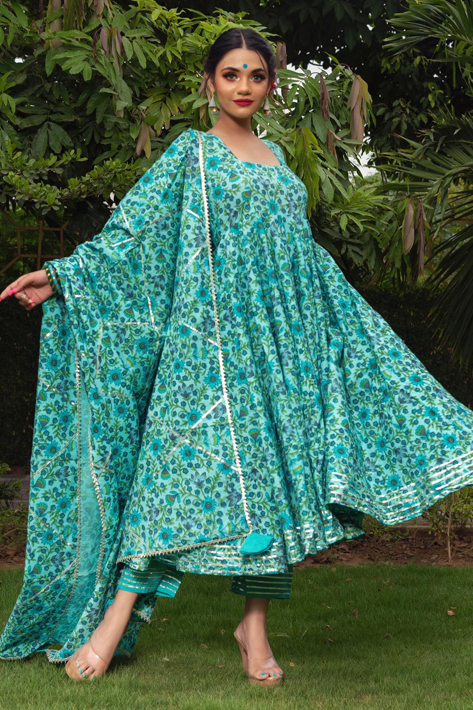 morni-hand-block-cotton-anarkali-set-11403151GR, Women Indian Ethnic Clothing, Cotton Kurta Set Dupatta