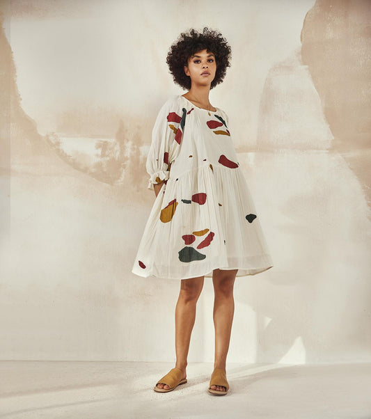 mosaic-printed-white-mulmul-flounce-dress-11904067WH, Women Clothing, Mulmul Dress