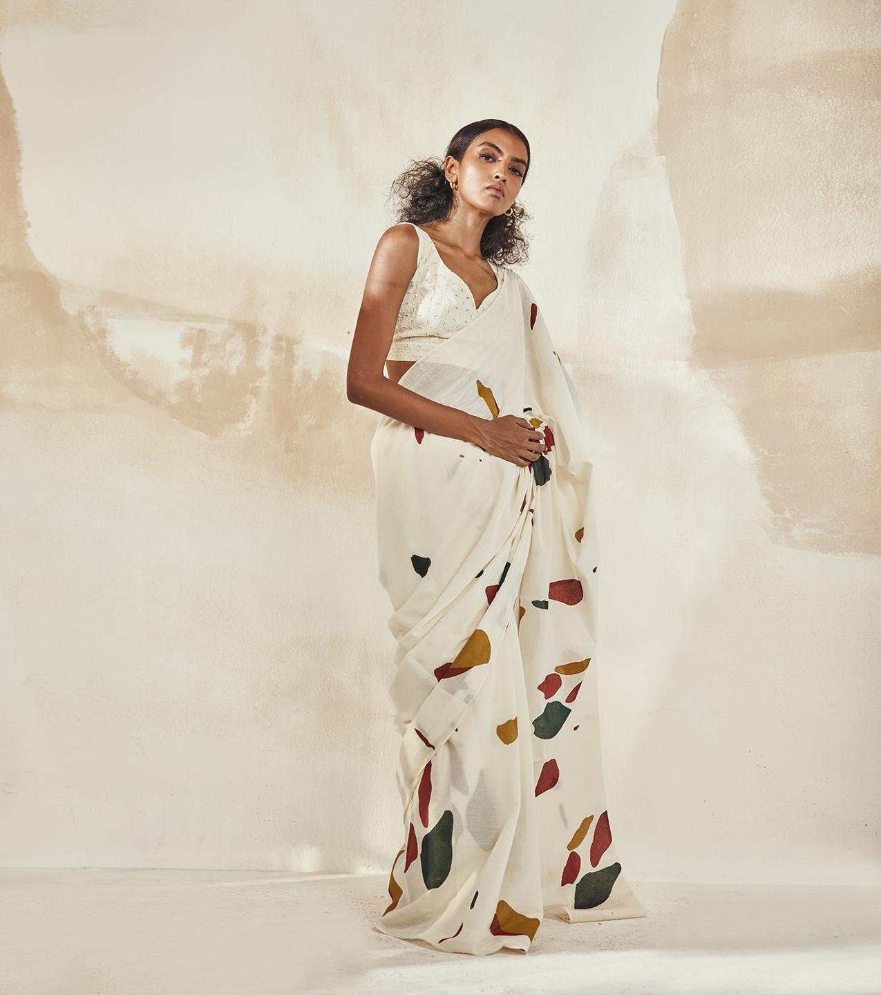 mosaic-printed-white-mulmul-saree-with-blouse-11922064WH, Women Clothing, Mulmul Saree
