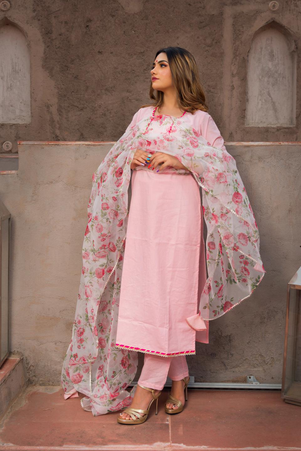 mosami-pink-suit-with-organza-dupatta-11403145PK, Women Indian Ethnic Clothing, Cotton Kurta Set Dupatta