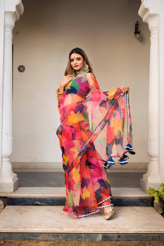 multi-color-organza-printed-saree-11422134ML, Women Indian Ethnic Clothing, Organza Saree