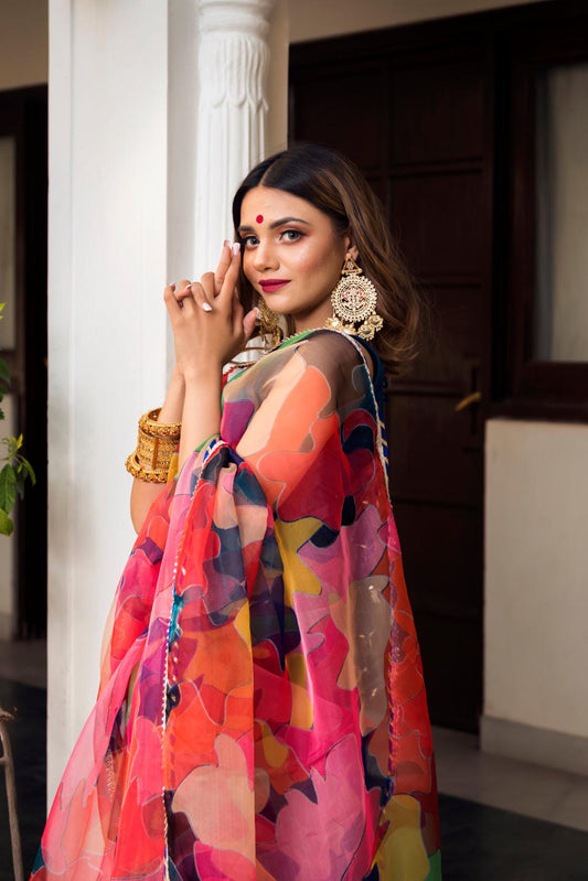 multi-color-organza-printed-saree-11422134ML, Women Indian Ethnic Clothing, Organza Saree