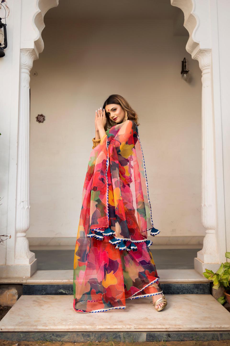 multi-color-organza-printed-saree-11422134ML, Women Indian Ethnic Clothing, Organza Saree