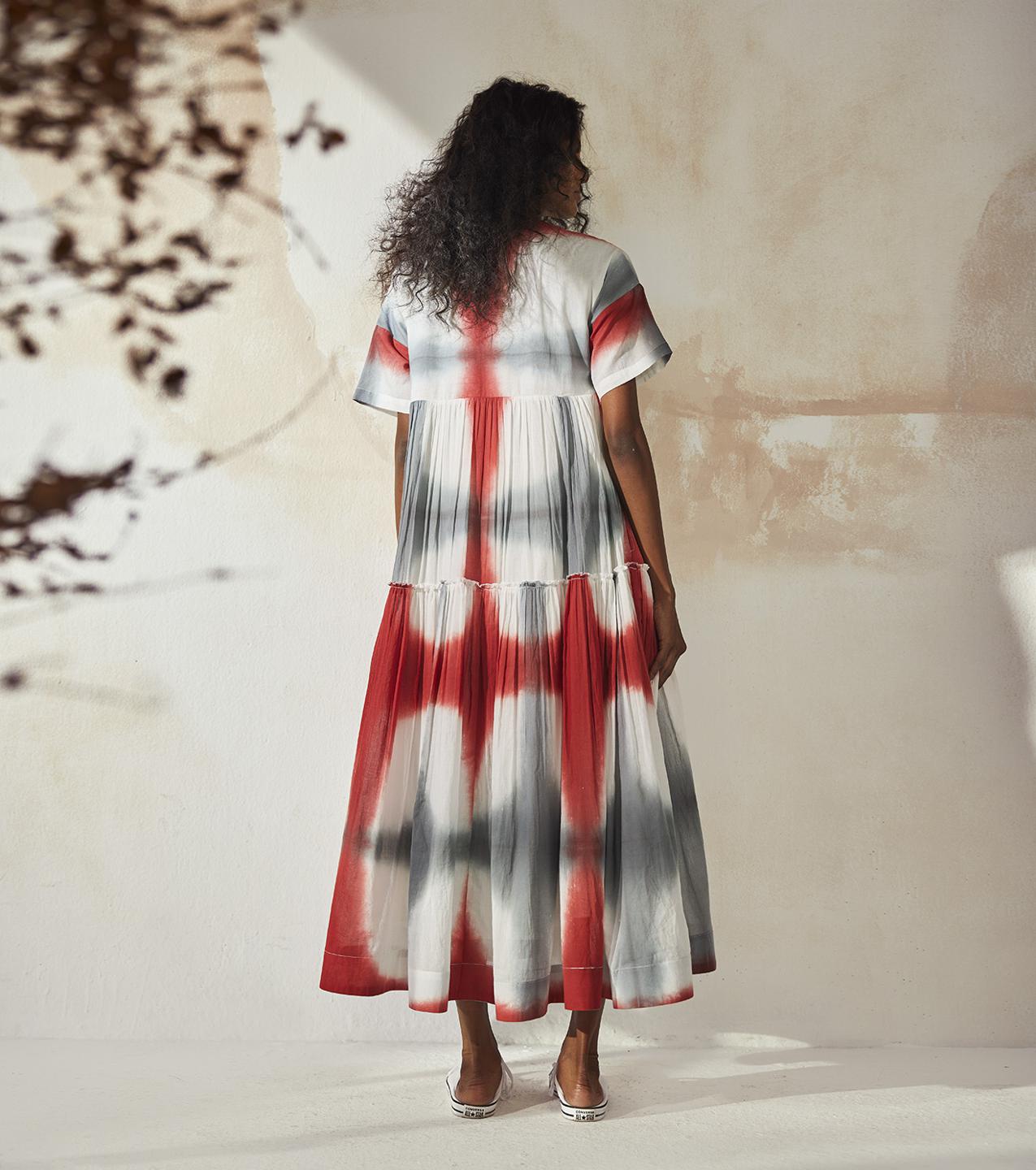 multi-color-shibori-dyed-mulmul-tiered-midi-dress-11904088WH, Women Clothing, Mulmul Dress