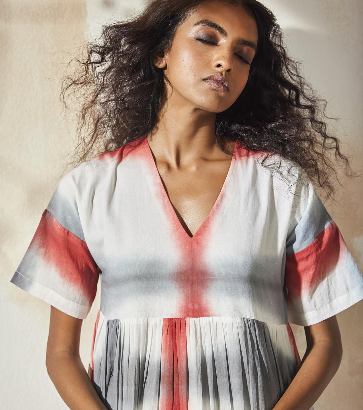 multi-color-shibori-dyed-mulmul-tiered-midi-dress-11904088WH, Women Clothing, Mulmul Dress