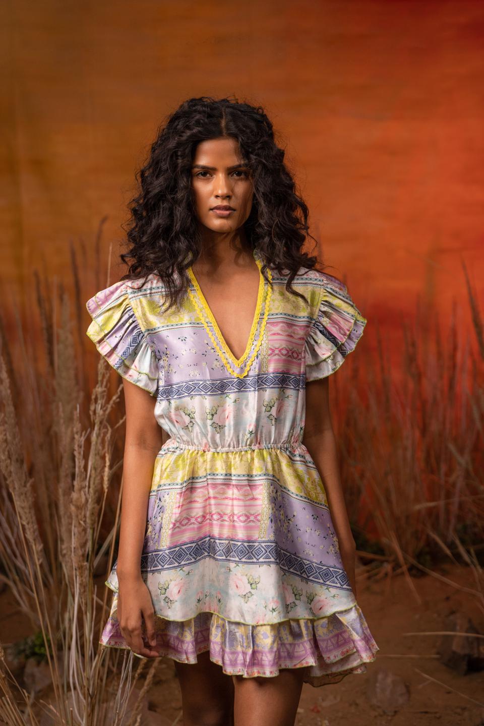 multicolor-printed-frill-laced-dress-11804020ML, Women Clothing, Rayon Dress