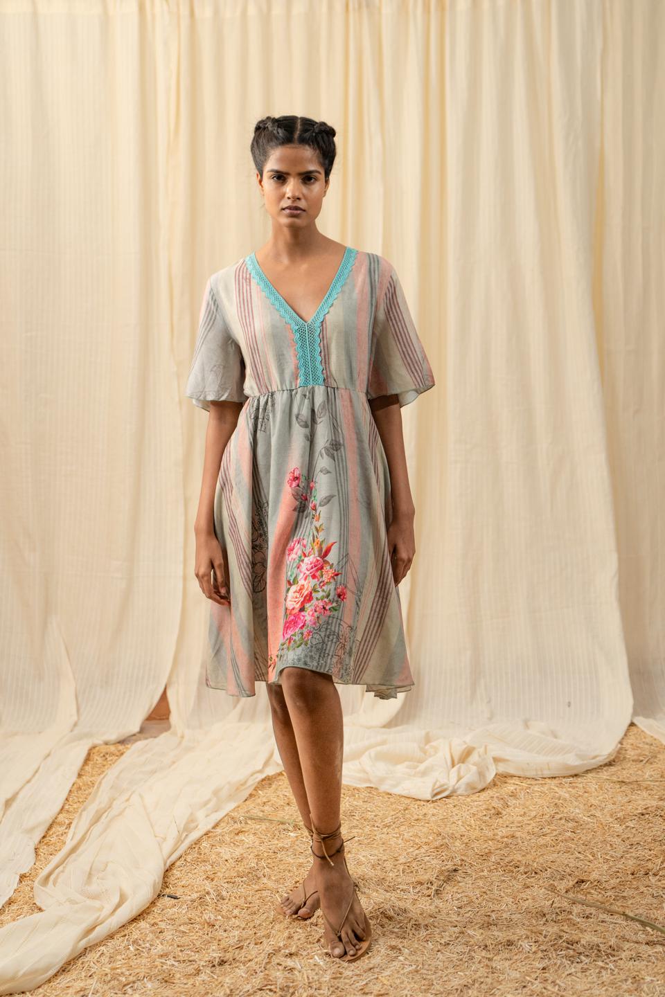 multicolor-stripes-v-neck-dress-11804001ML, Women Clothing, Rayon Dress