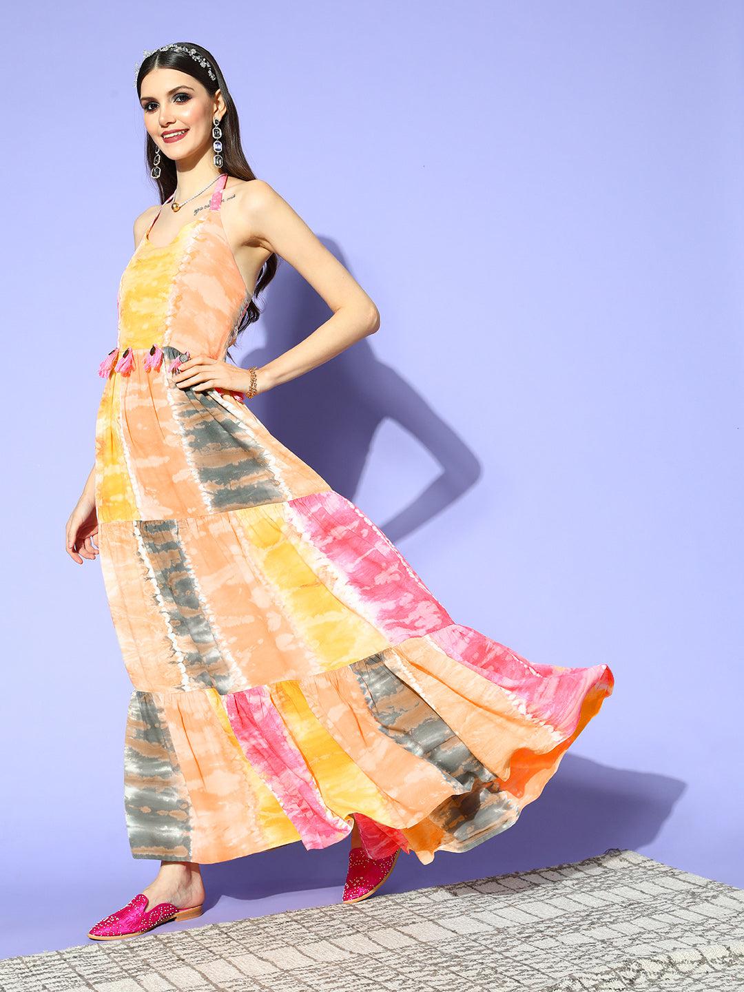 multicoloured-tiered-dress-10104159PK, Women Clothing, Rayon Dresses