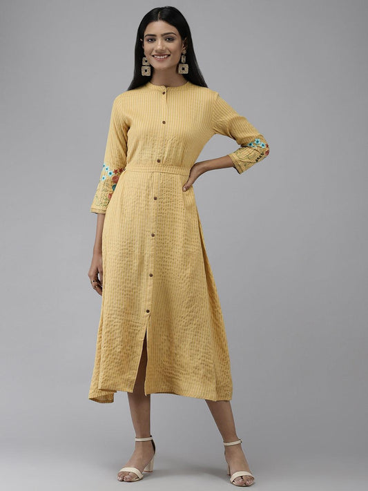 mustard-embroidered-kurta-10104039YL, Women Clothing, Rayon Dress