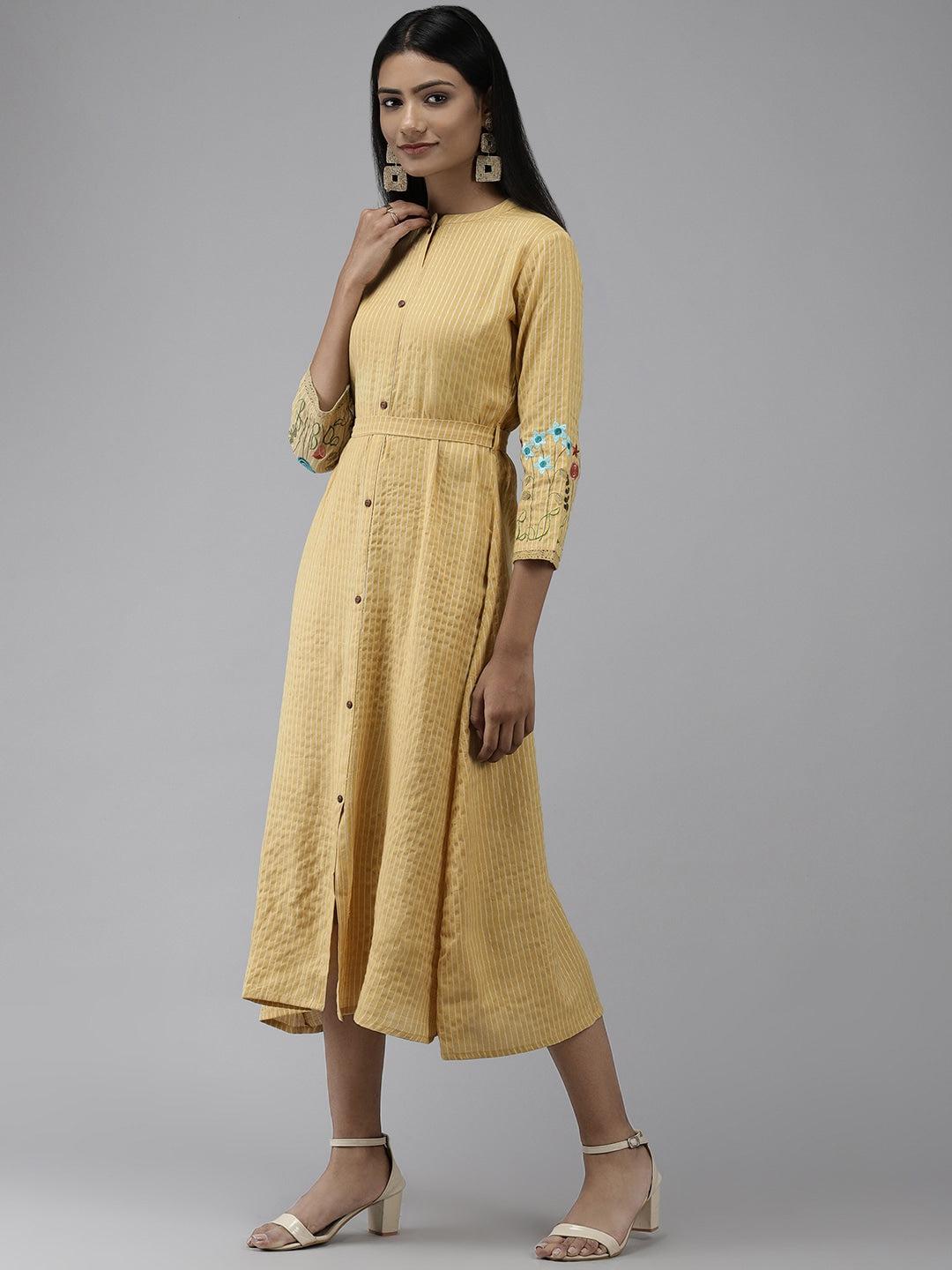 mustard-embroidered-kurta-10104039YL, Women Clothing, Rayon Dress