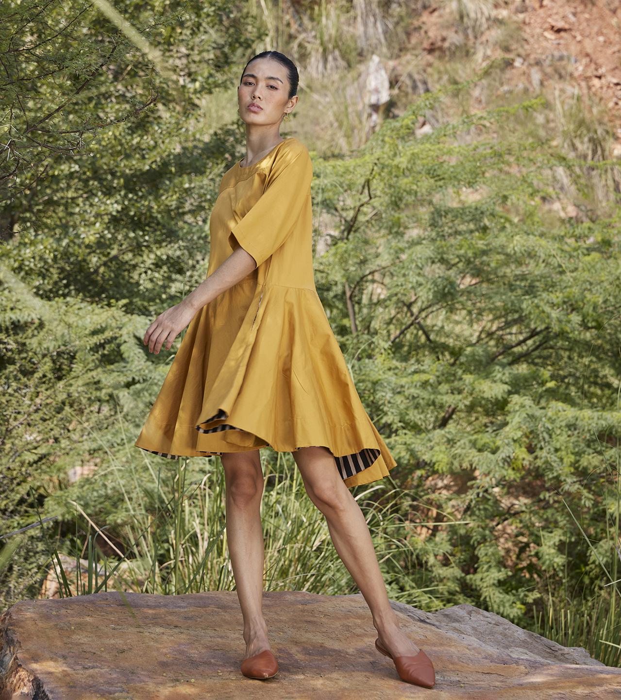 mustard-flared-round-neck-cotton-dress-11904037YL, Women Clothing, Cotton Dress