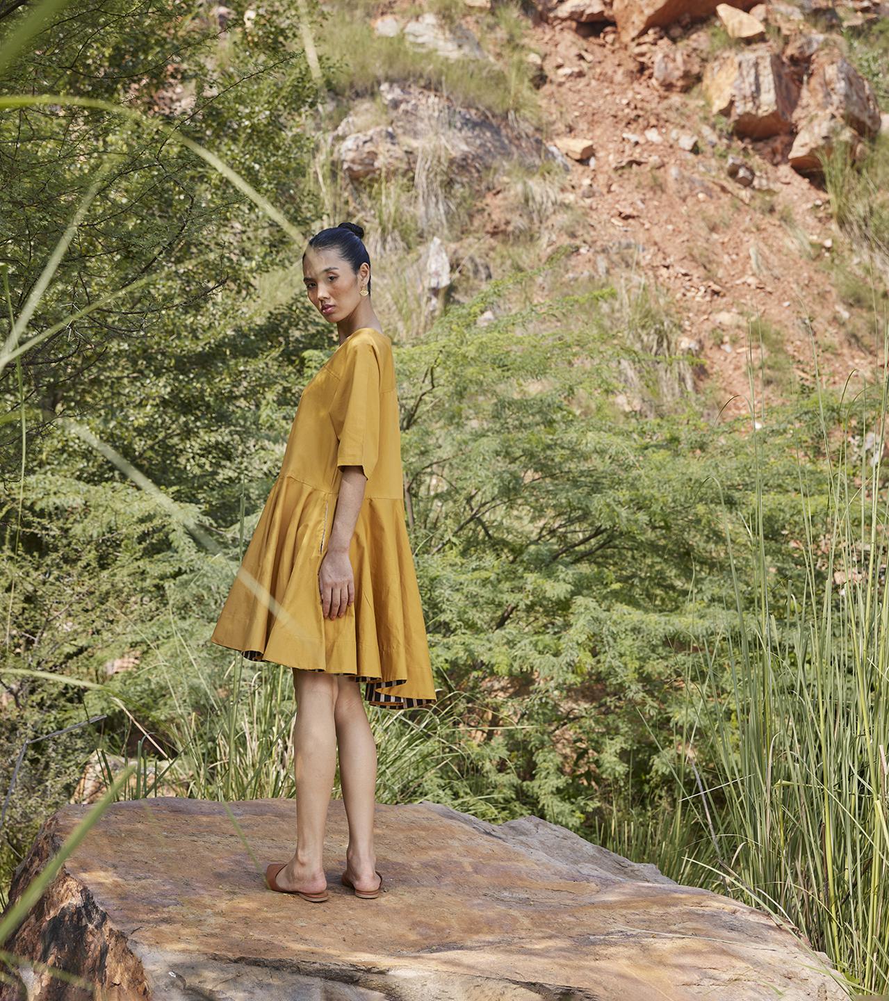 mustard-flared-round-neck-cotton-dress-11904037YL, Women Clothing, Cotton Dress