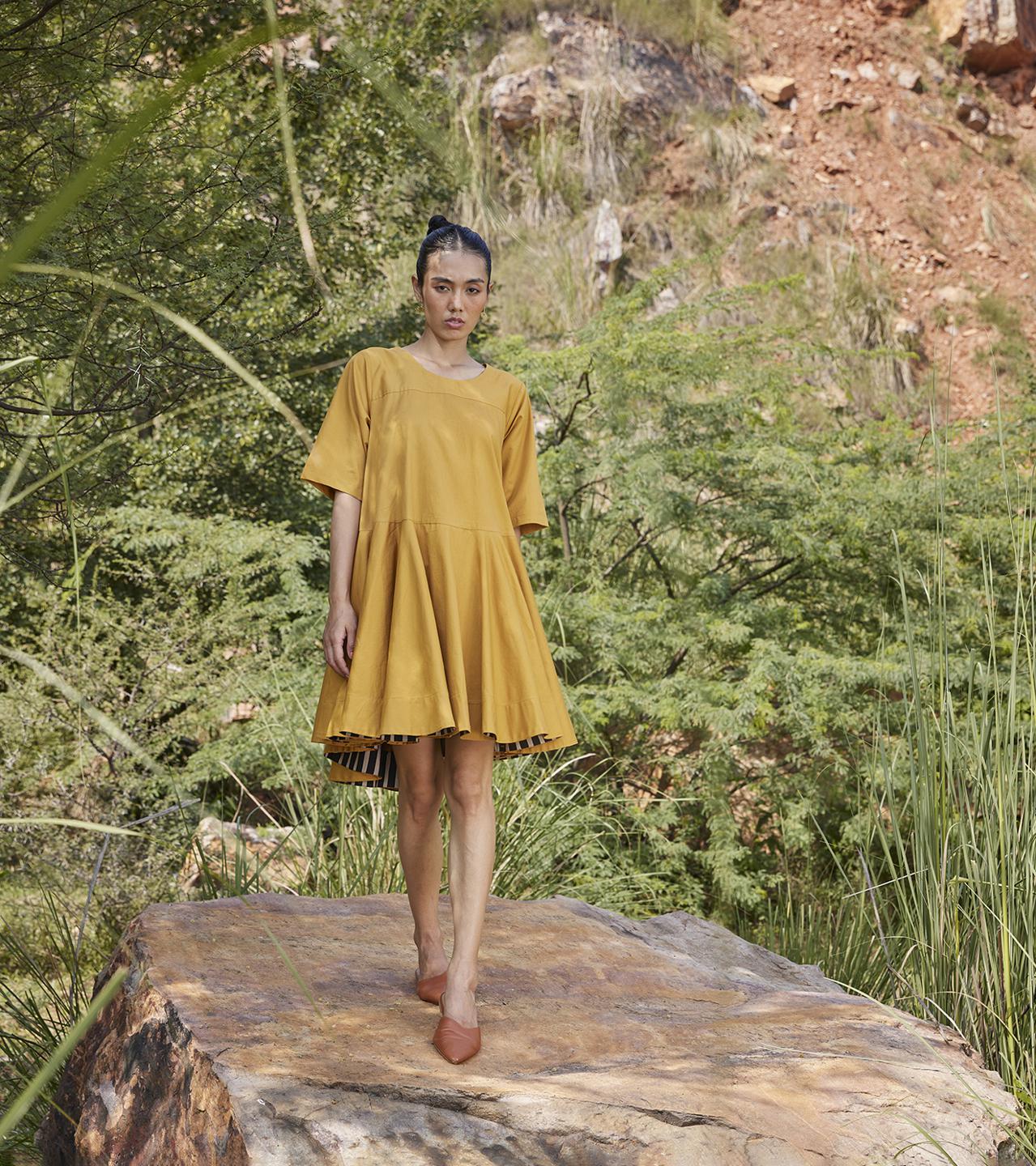 mustard-flared-round-neck-cotton-dress-11904037YL, Women Clothing, Cotton Dress