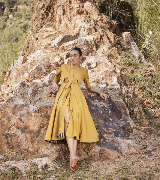 mustard-yellow-cotton-wrap-dress-with-side-pockets-11904036YL, Women Clothing, Cotton Dress