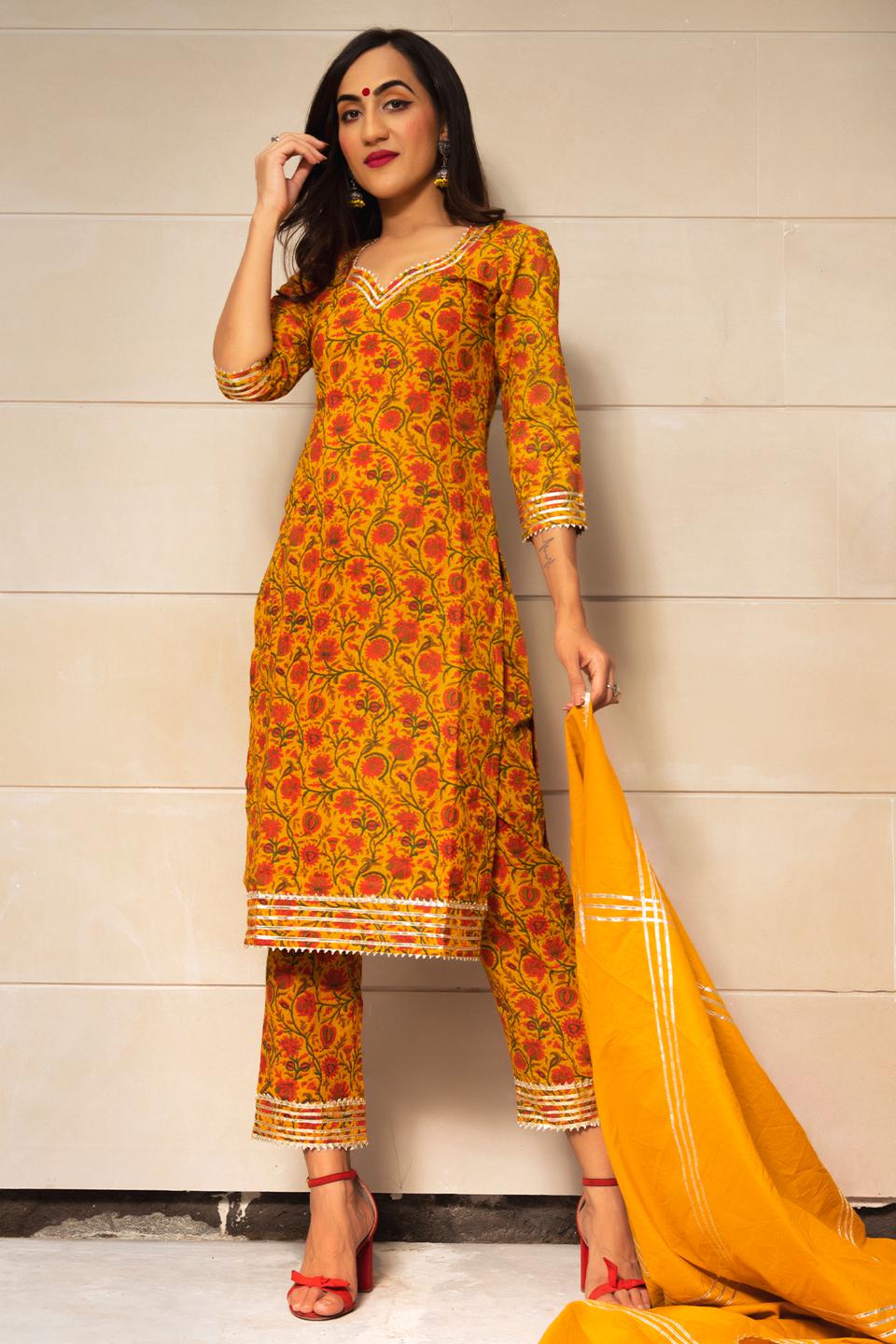 mustard-yellow-hand-block-print-kurta-set-11403148YL, Women Indian Ethnic Clothing, Cotton Kurta Set Dupatta