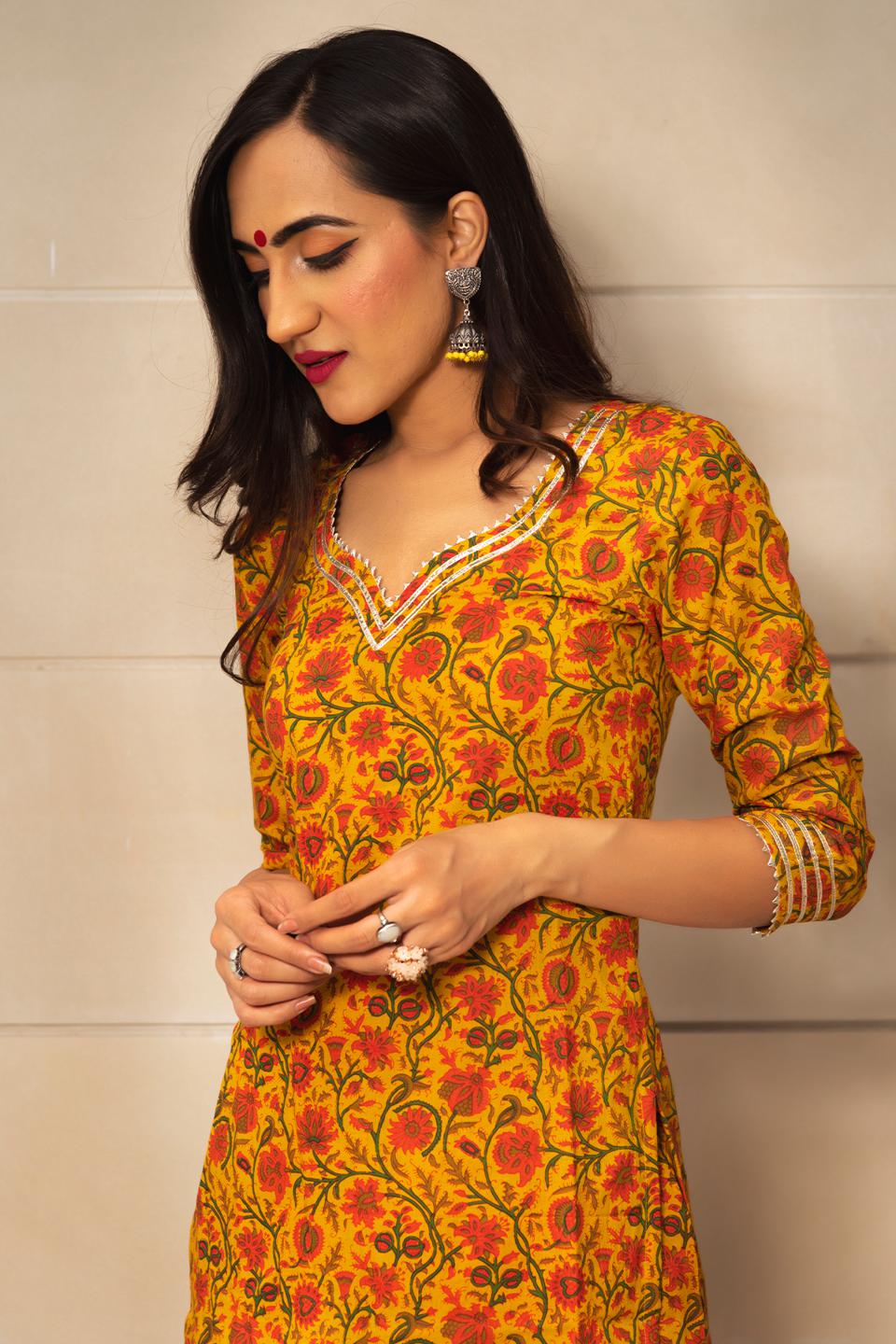 mustard-yellow-hand-block-print-kurta-set-11403148YL, Women Indian Ethnic Clothing, Cotton Kurta Set Dupatta