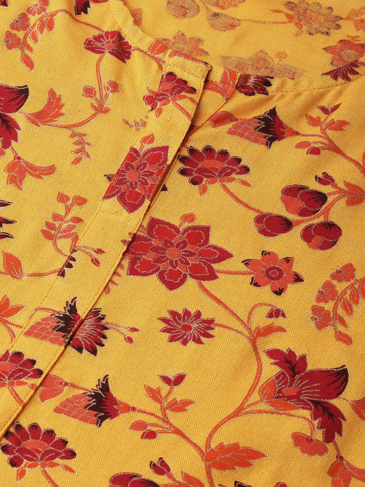 mustard-yellow-red-printed-a-line-dress-10204108YL, Women Clothing, Cotton Dress