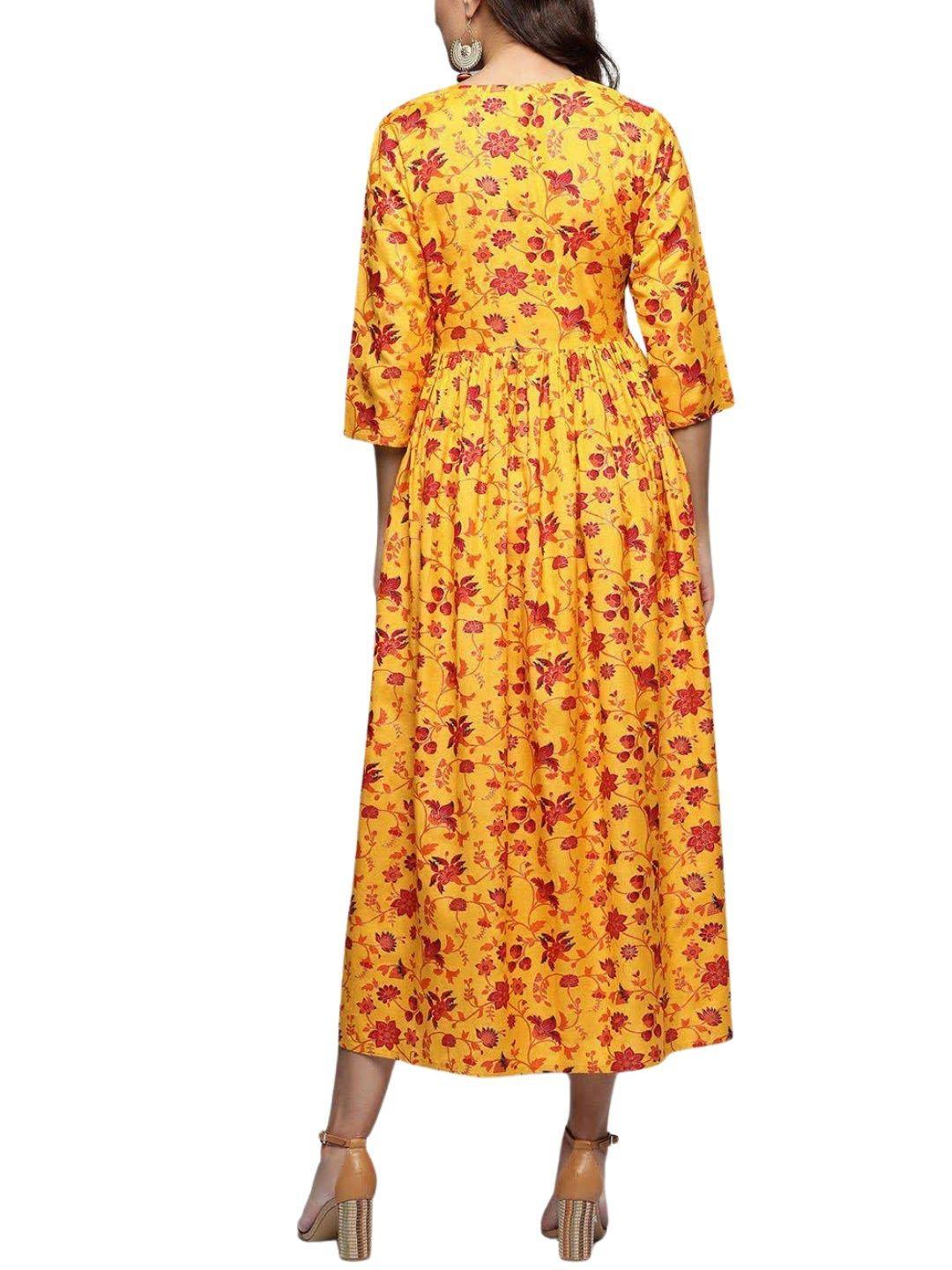 mustard-yellow-red-printed-a-line-dress-10204108YL, Women Clothing, Cotton Dress