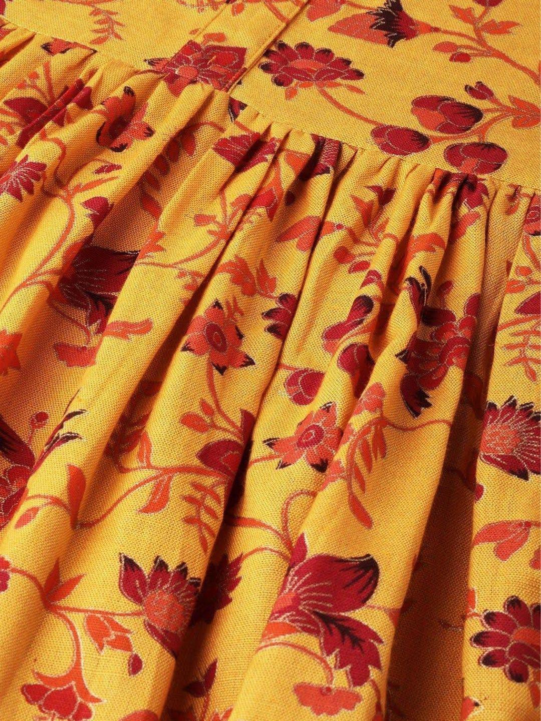 mustard-yellow-red-printed-a-line-dress-10204108YL, Women Clothing, Cotton Dress