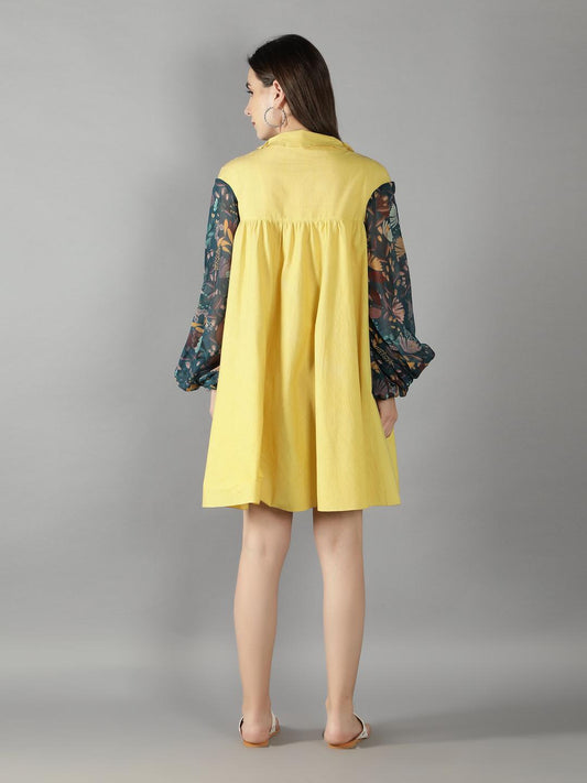 Muted Lime High Collared Puff Organza Sleeves Skater Dress