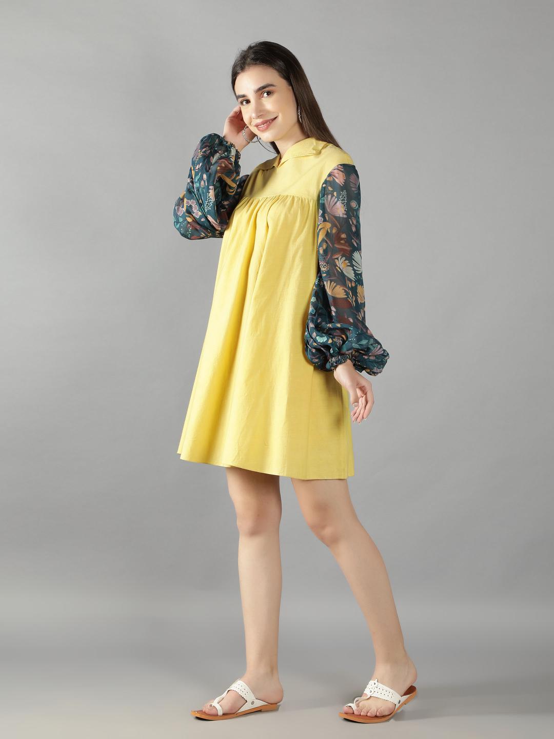 Muted Lime High Collared Puff Organza Sleeves Skater Dress