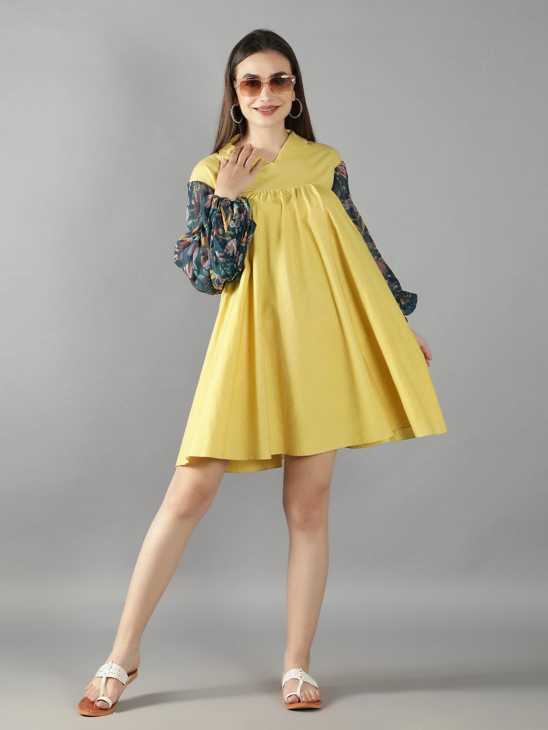 Muted Lime High Collared Puff Organza Sleeves Skater Dress