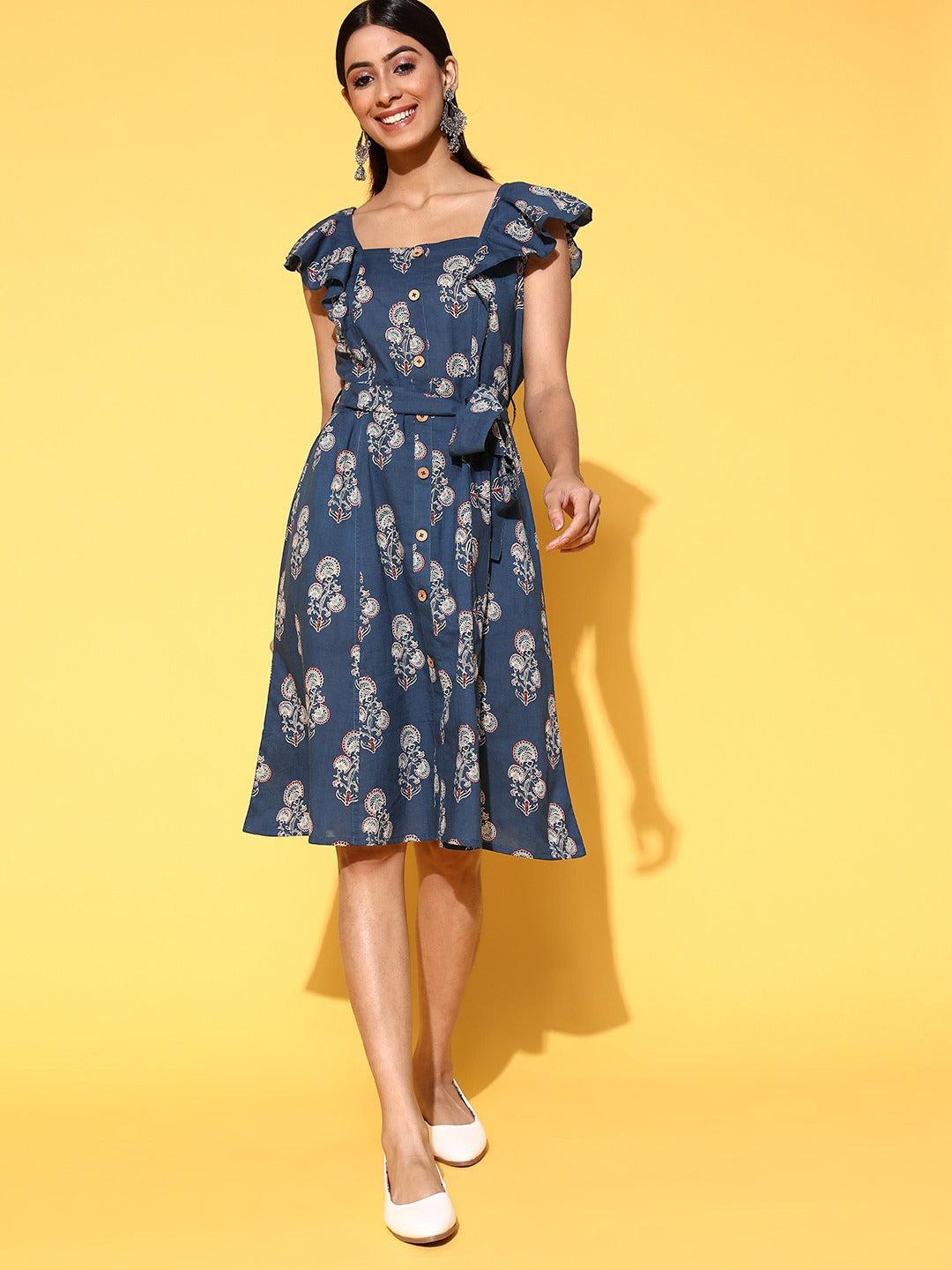 navy-blue-a-line-dress-10104147BL, Women Clothing, Cotton Dresses