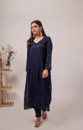 navy-blue-chikankari-suit-11603038BL, Women Indian Ethnic Clothing, Chikankari Kurta Set Dupatta
