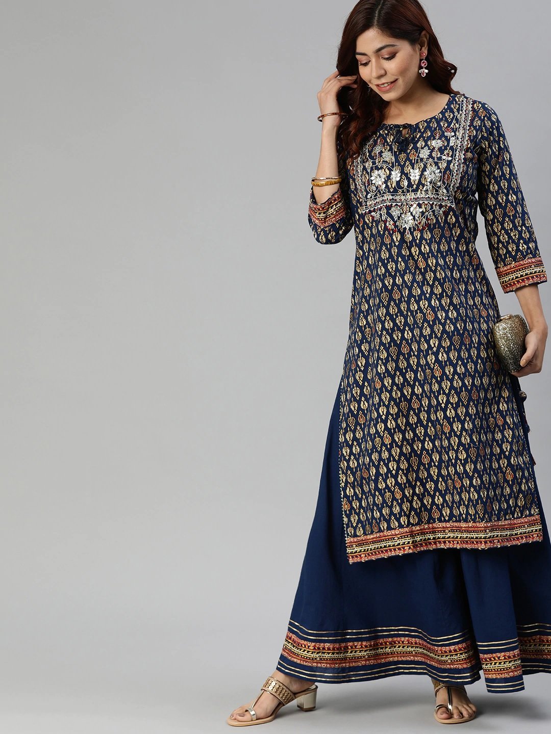 navy-blue-cotton-gota-patti-palazzo-set-10002002BL, Women Indian Ethnic Clothing, Cotton Kurta Set