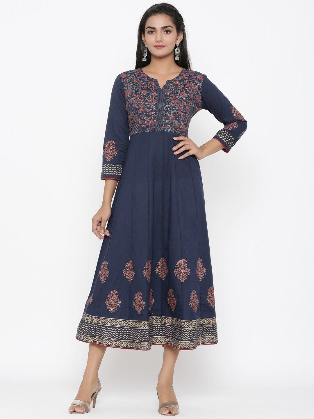 navy-blue-cotton-kurta-10101041BL, Women Indian Ethnic Clothing, Cotton Kurta