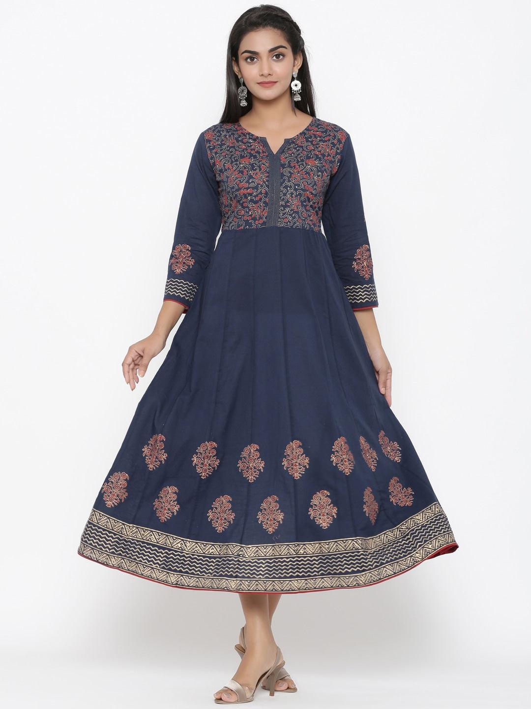 navy-blue-cotton-kurta-10101041BL, Women Indian Ethnic Clothing, Cotton Kurta